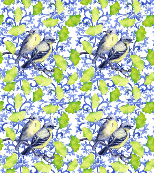 Birds and asian design. Seamless watercolor ornament pattern — 图库照片