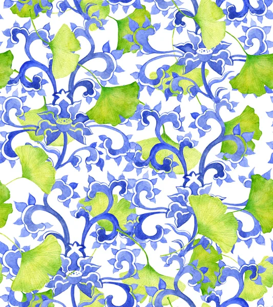 Chinese floral ornament pattern and green ginko leaves. — Stock Fotó