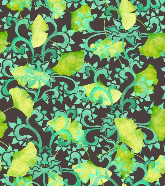 Chinese ornament and green gingko leaves. Seamless ornament — Stok fotoğraf