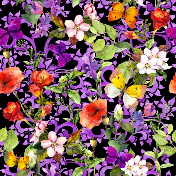 Repeated floral background. Watercolor — Stok fotoğraf