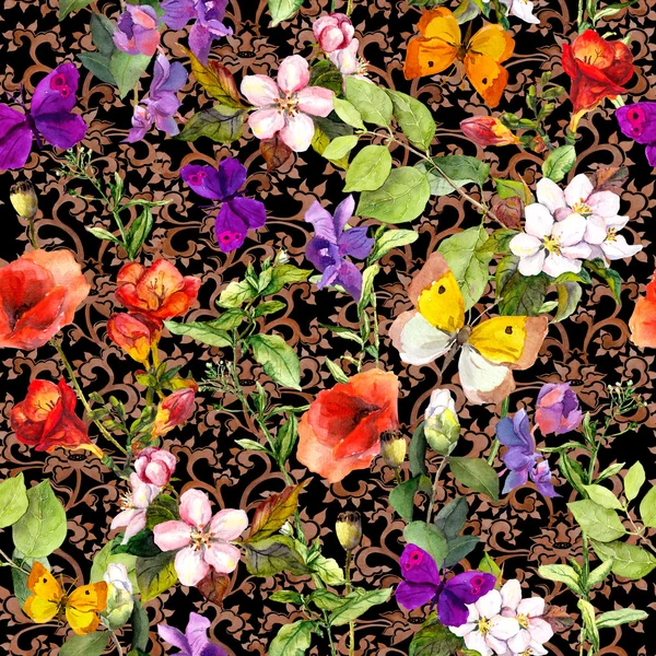 Vintage flowers in meadow and butterflies with ornament — 스톡 사진