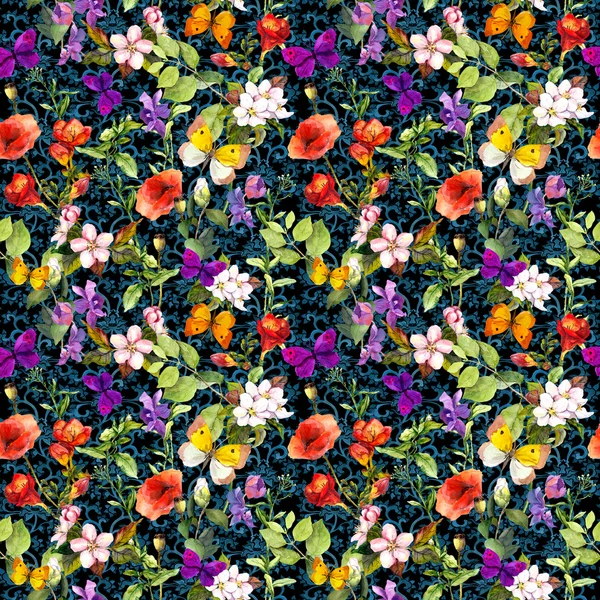 Flowers in meadow, Repeated floral background. Watercolor — Zdjęcie stockowe