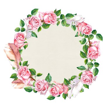 Çiçek çelenk eşarplı yükseldi. Çiçek daire sınır. Suluboya 