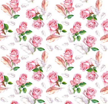Sorunsuz çiçek desenli pembe Gül çiçek ve tüyleri ile. Suluboya 