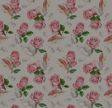 Sorunsuz çiçek desenli pembe Gül çiçek ve tüyleri ile. Suluboya 