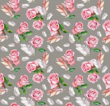 Çiçek desenli pembe Gül çiçek ve tüyler tekrar. Suluboya 