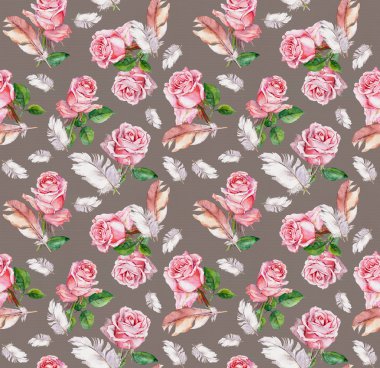 Sorunsuz çiçek desenli pembe Gül çiçek ve tüyleri ile. Suluboya 