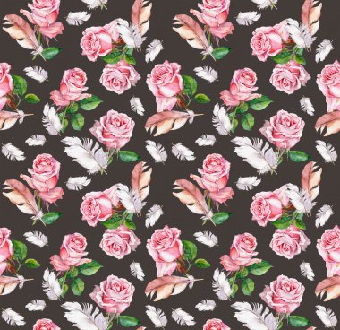 Gül çiçek ve tüyler. Çiçek desenli yinelenen. Suluboya