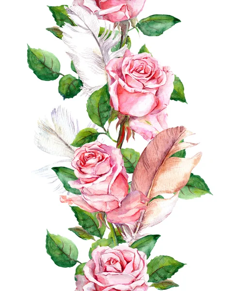 Rose fleurs et plumes cadre. Bordure florale répétée sans couture. Aquarelle — Photo