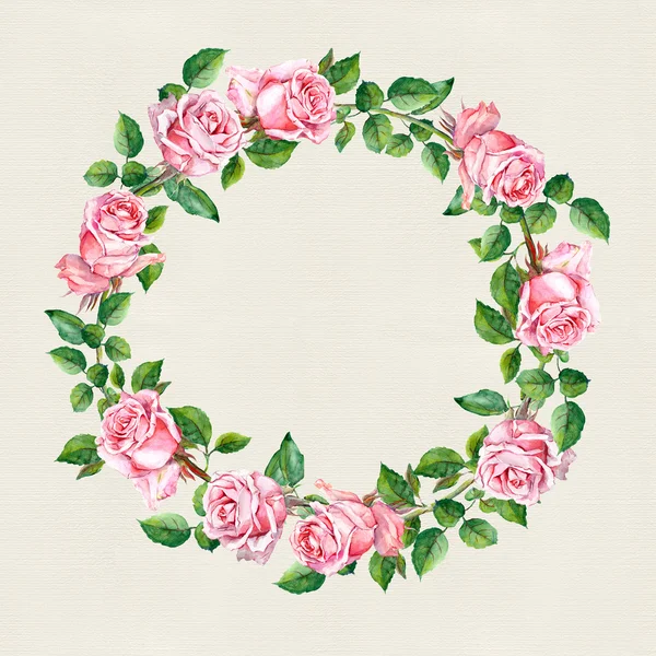 Corona de flores de rosa. Borde del círculo floral en la textura del papel. Color de agua —  Fotos de Stock
