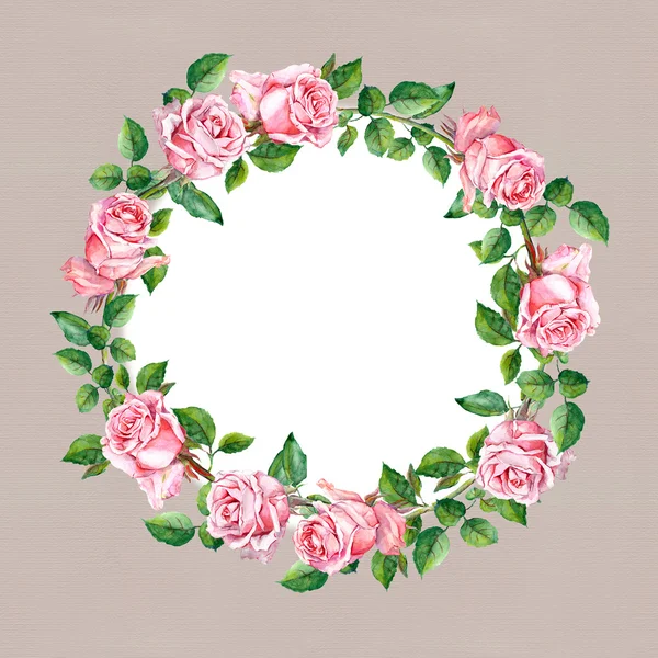 Corona de flores de rosa. Borde del círculo floral. Acuarela — Foto de Stock