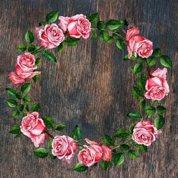 Ροδαλό λουλούδι στεφάνι σε ξύλο φόντο. Floral κύκλο σύνορα. Ακουαρέλα — Φωτογραφία Αρχείου