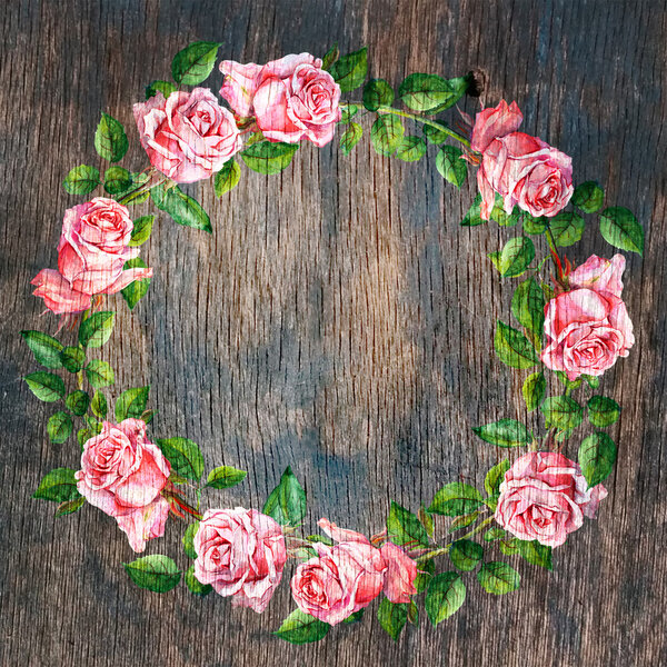 Rose flower wreath on wood background. Floral circle border. Watercolor 