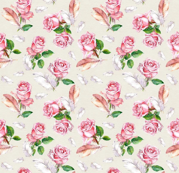 Naadloze bloemmotief met roze roze bloemen en veren. Aquarel — Stockfoto