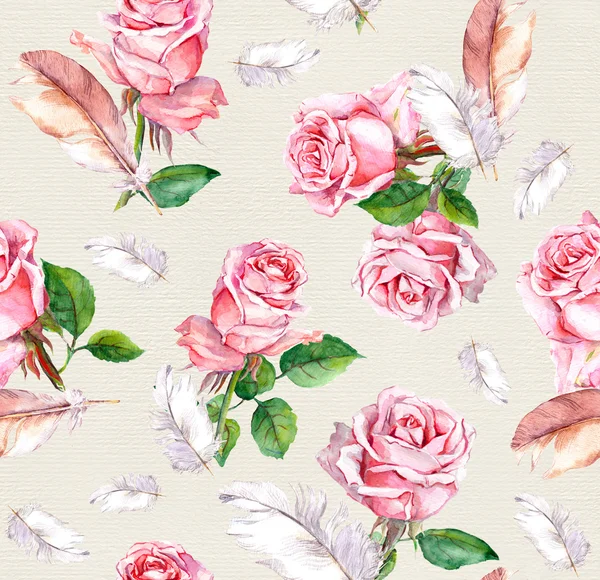 Sich wiederholendes Blumenmuster mit rosa Rosenblüten und Federn. Aquarell — Stockfoto