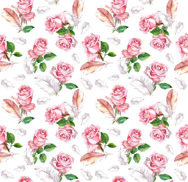 Seamless floral pattern with pink rose flowers and feathers. Watercolor — Stock Photo, Image