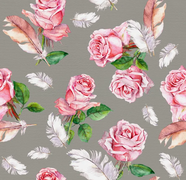 Sich wiederholendes florales Vintage-Muster mit rosa Rosenblüten und Federn — Stockfoto
