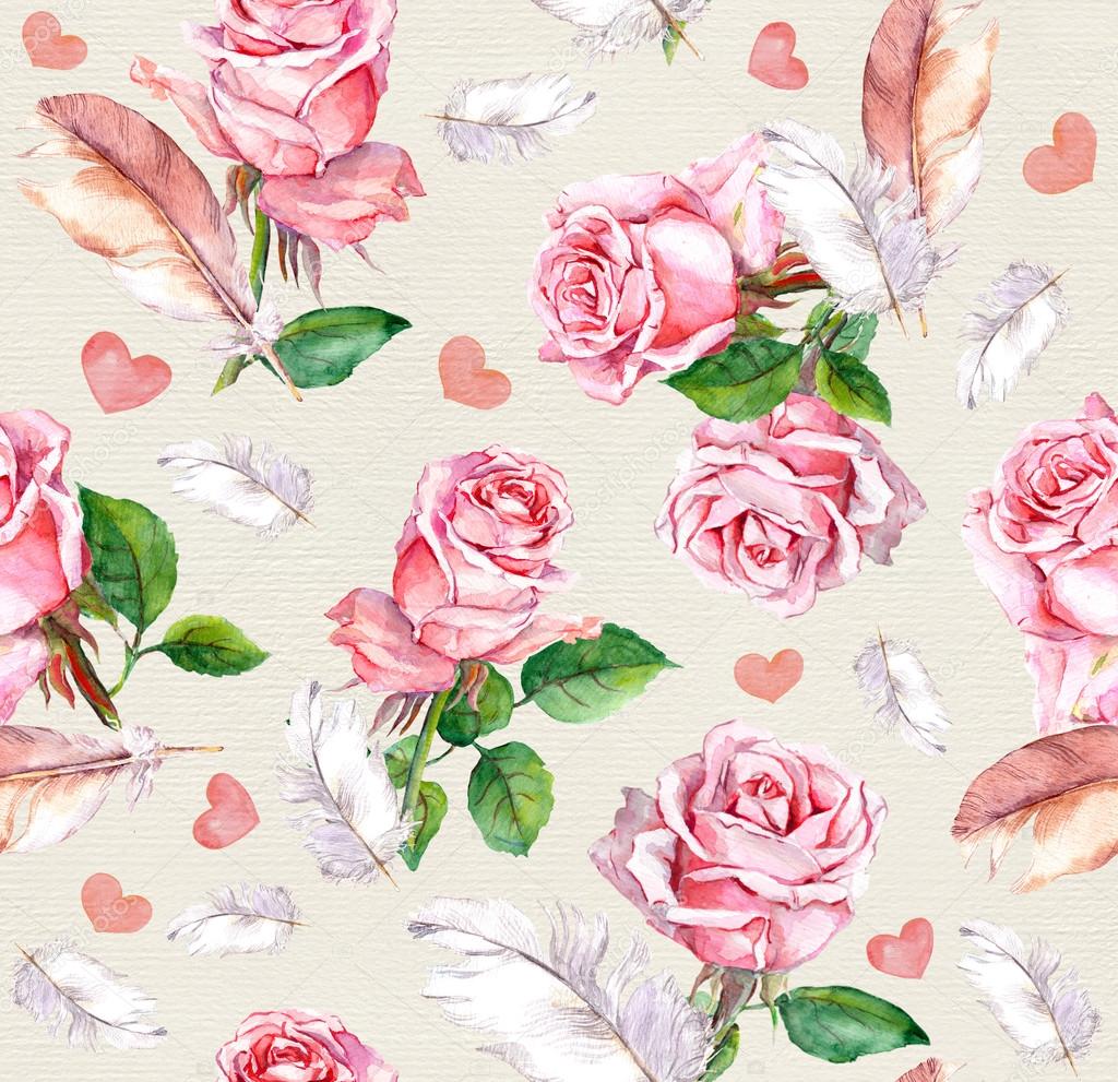 Rose flowers, feathers and hearts. Repeating retro floral pattern. Vintage