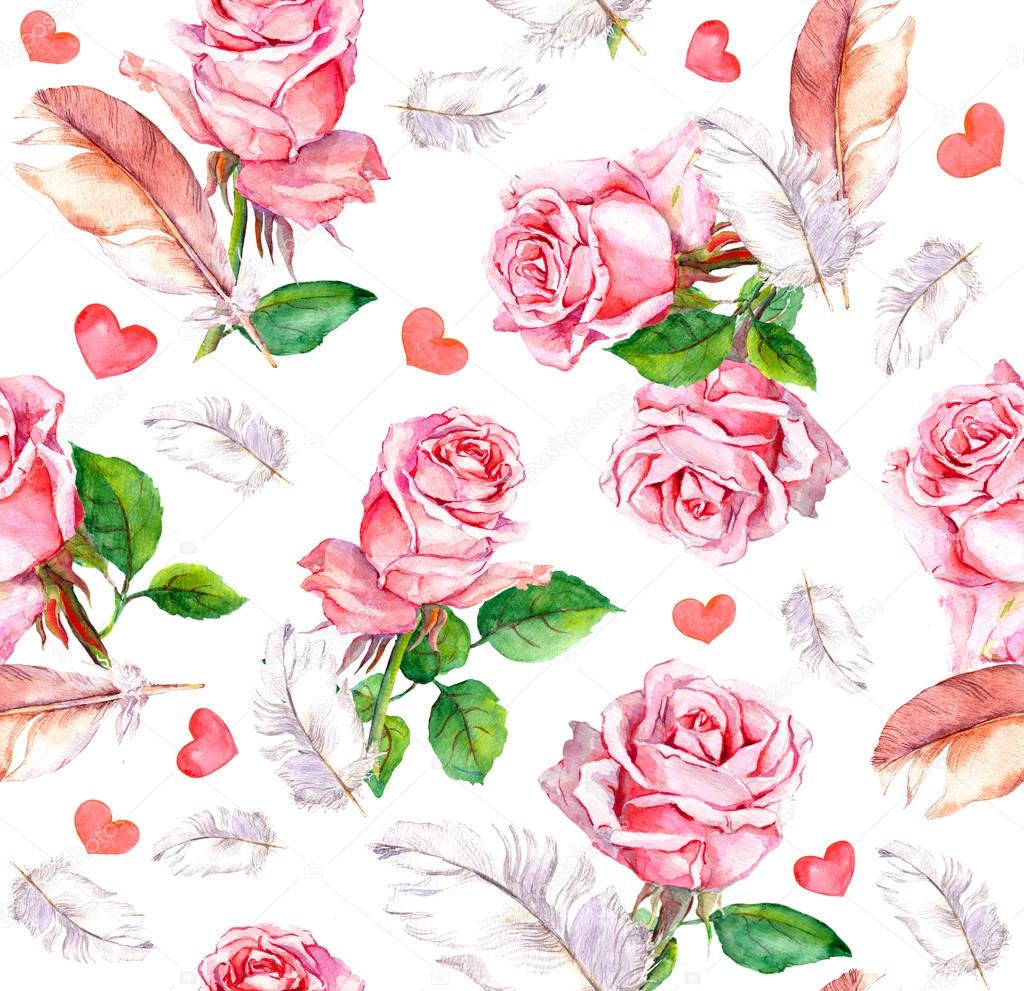 Rose flowers, feathers and hearts. Repeating floral pattern. Watercolor