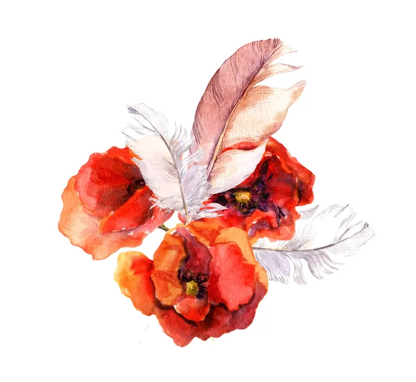 水彩的罂粟花朵和羽毛。水彩风印花 — 图库照片