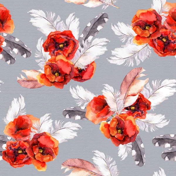 Naadloze bloemmotief met aquarel bloemen en veren. Aquarel — Stockfoto