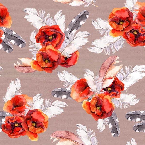 Sömlös blommönster med akvarell blommor och fjädrar. Akvarell — Stockfoto