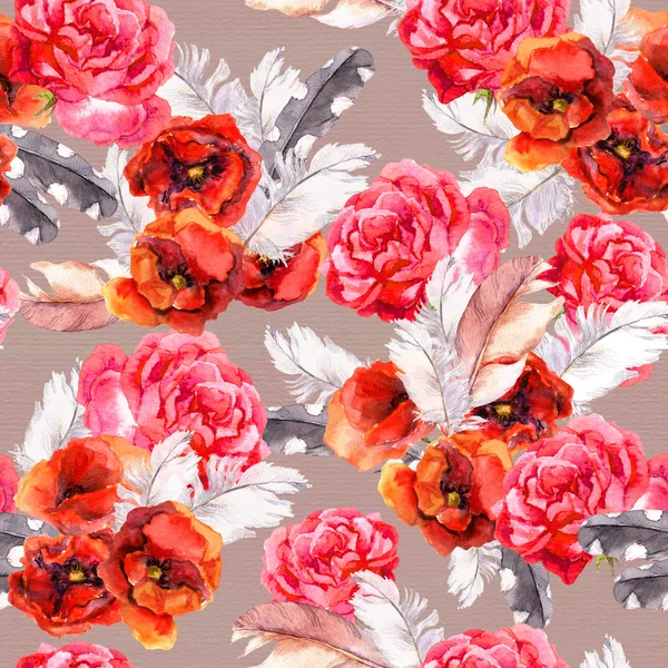 Naadloze bloemmotief met aquarel bloemen en veren. Aquarel — Stockfoto