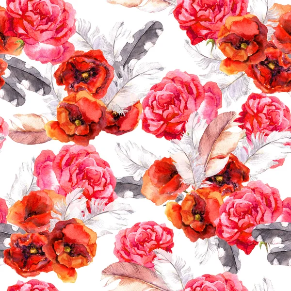 Naadloze bloemmotief met aquarel bloemen en veren. Aquarel — Stockfoto