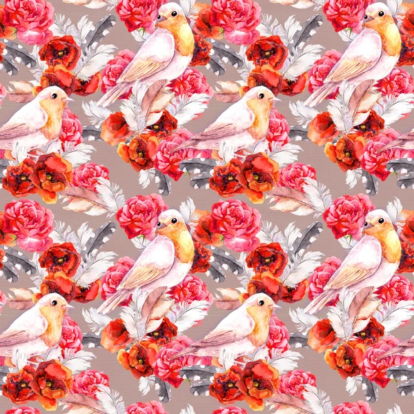 Padrão floral sem costura com papoula, rosa e pássaros. Aquarela — Fotografia de Stock