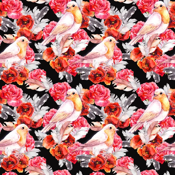 Motif floral sans couture avec coquelicot, rose et oiseaux. Aquarelle — Photo