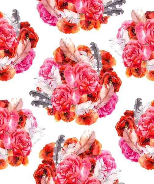 Naadloze bloemmotief met poppy, rose en vogels. Aquarel achtergrond — Stockfoto