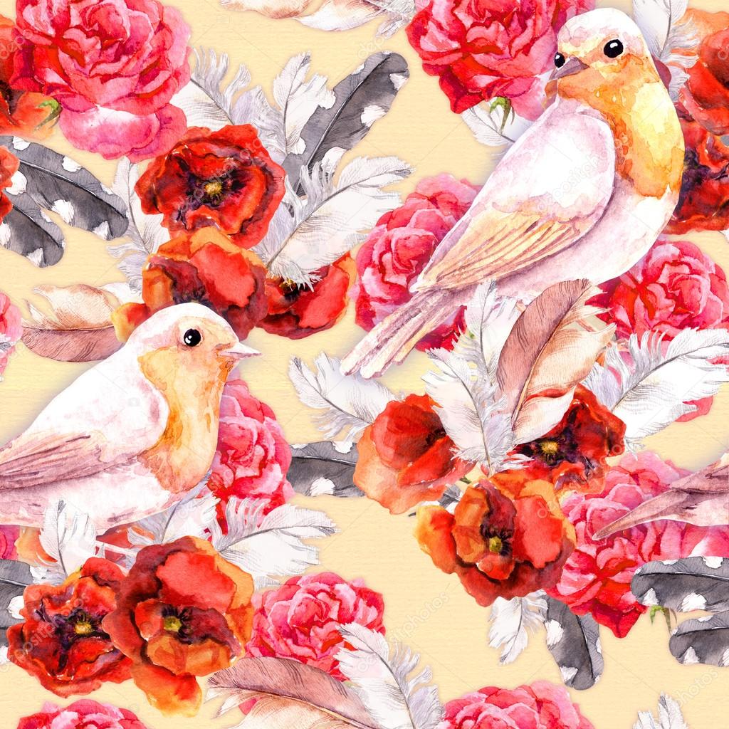 Seamless floral pattern with poppy, rose and birds. Watercolour