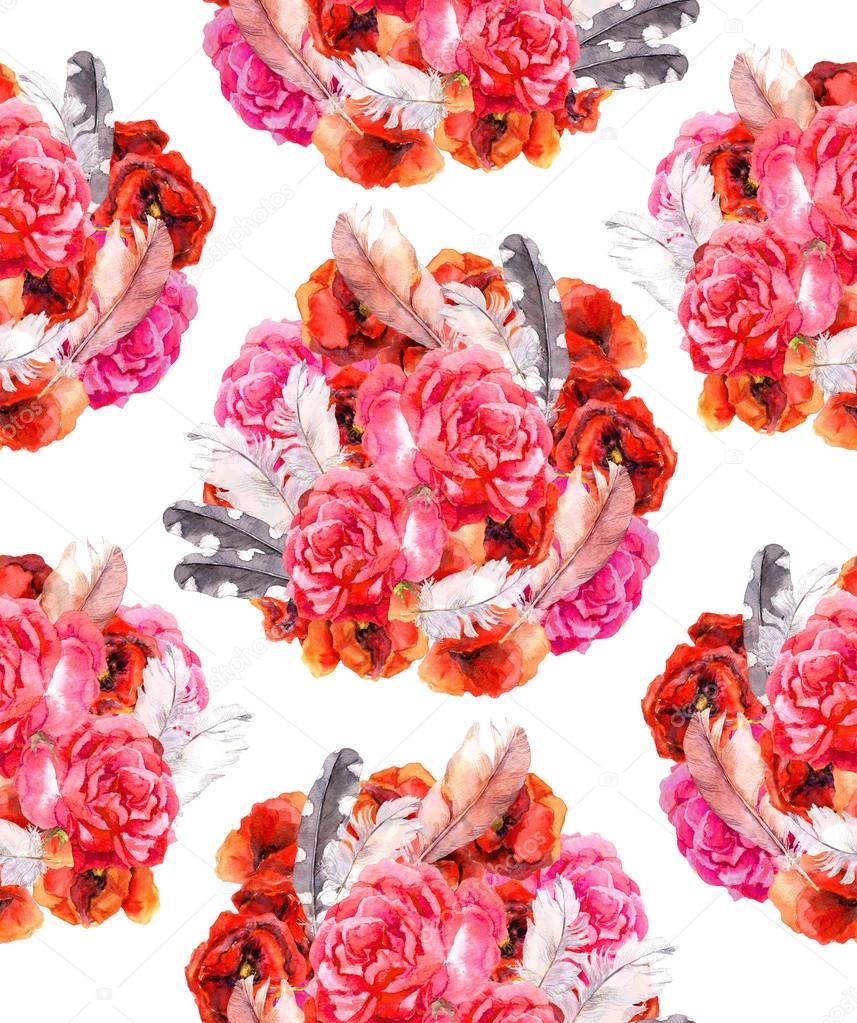 Seamless floral pattern with poppy, rose and birds. Watercolour background