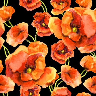 Seamless floral dark contrast pattern with red poppy flowers on black background. Watercolor painted drawing