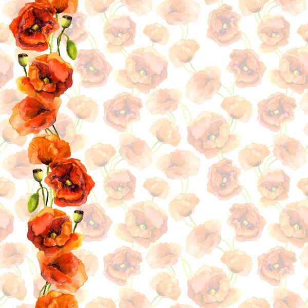 Nahtlose zarte Blumenmuster mit farbenfrohem Rahmen - rote Mohnblumen. Aquarellmalerei — Stockfoto