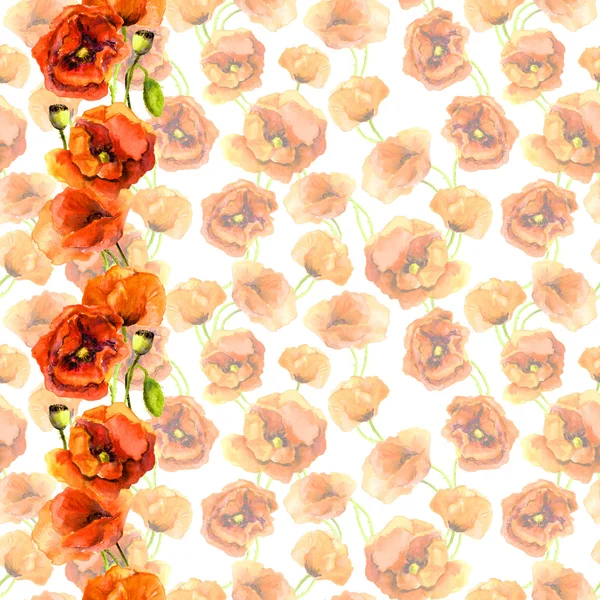 Бесшовный выцветший цветочный шаблон с яркой рамкой - красные маковые цветы. Рисунок акварелью — стоковое фото