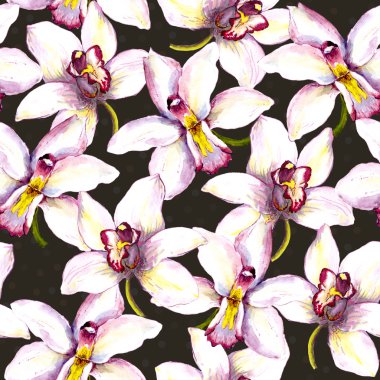 Seamless floral background with white orchid flower. Hand painted watercolor drawing