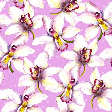 Seamless floral background with white orchid flower. Hand painted watercolor drawing