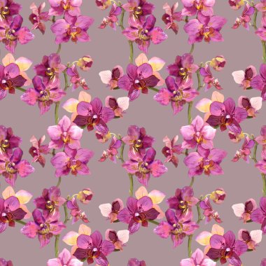 Romantic tiled background with orchids painted in botanical style