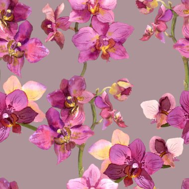 Vintage gray seamless backdrop with retro orchidea flowers