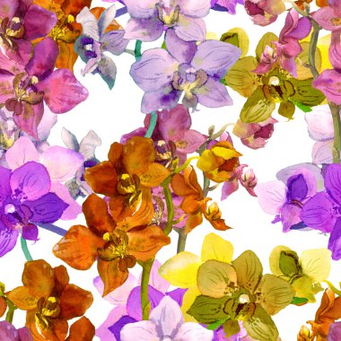 Tropical orchid flowers. Repeating floral pattern. Watercolour