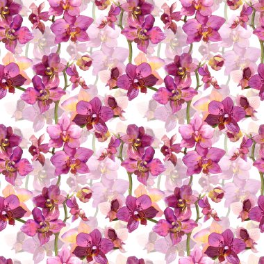 Seamless hand painted repeated pattern with exotic flowers orchids