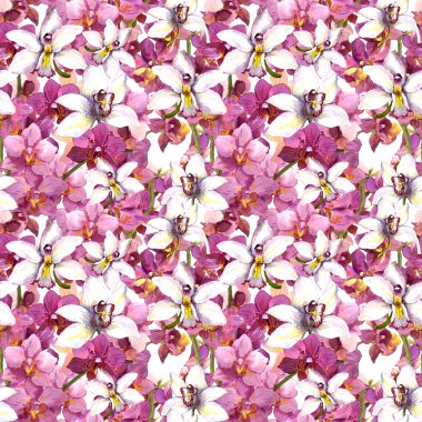 Floral pattern - purple and white orchid flowers. Seamless swatch. Watercolour.