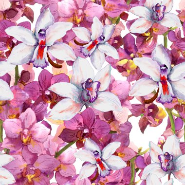 Bright floral pattern - orchid flowers in blossom. Seamless wallpaper. Aqurelle.