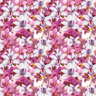 Bright floral pattern - colorful orchid flowers. Seamless template. Aquarelle background.