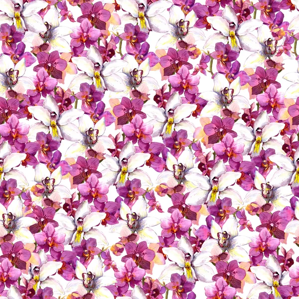 Floral seamless pattern with watercolor orchid flowers on white background — ストック写真