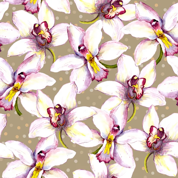 Безшовний квітковий фон з білою квіткою орхідей. Ручний фарбований акварельний малюнок — стокове фото