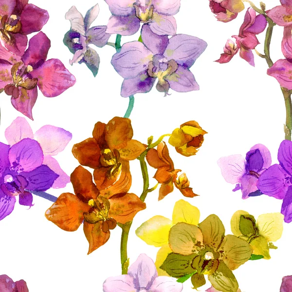 Tropische Orchideenblüten. sich wiederholendes Blumenmuster. Aquarell — Stockfoto