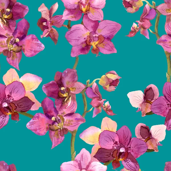 Exotic watercolor painted template with repeated orchids flowers — Stockfoto