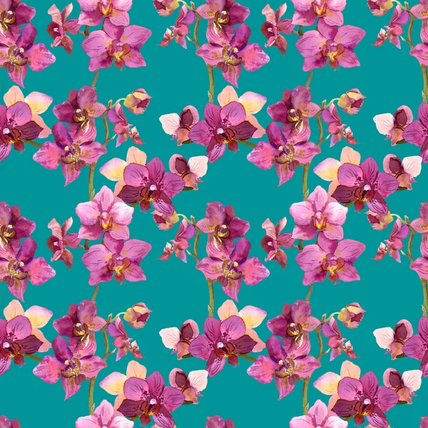 Exotic watercolor painted template with repeated orchids flowers — Stockfoto